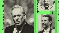 A stylized collage with a green and black color scheme, featuring photos of venture capitalist David Sacks and Donald Trump Jr.