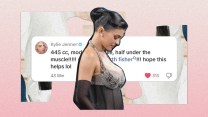 A photo of Kylie Jenner in profile, with an overlaid social media comment attributed to her that lists surgical details like "445 cc" and "half under the muscle."