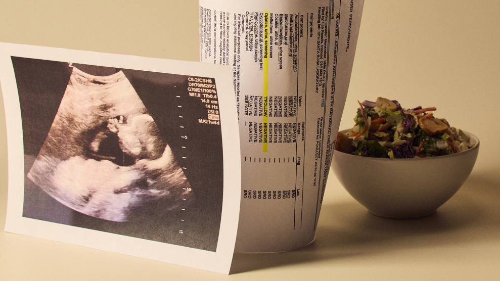 Three items are arranged on a white surface: a salad in a white bowl, a copy of a sonogram, and a printout of a false positive drug test result.