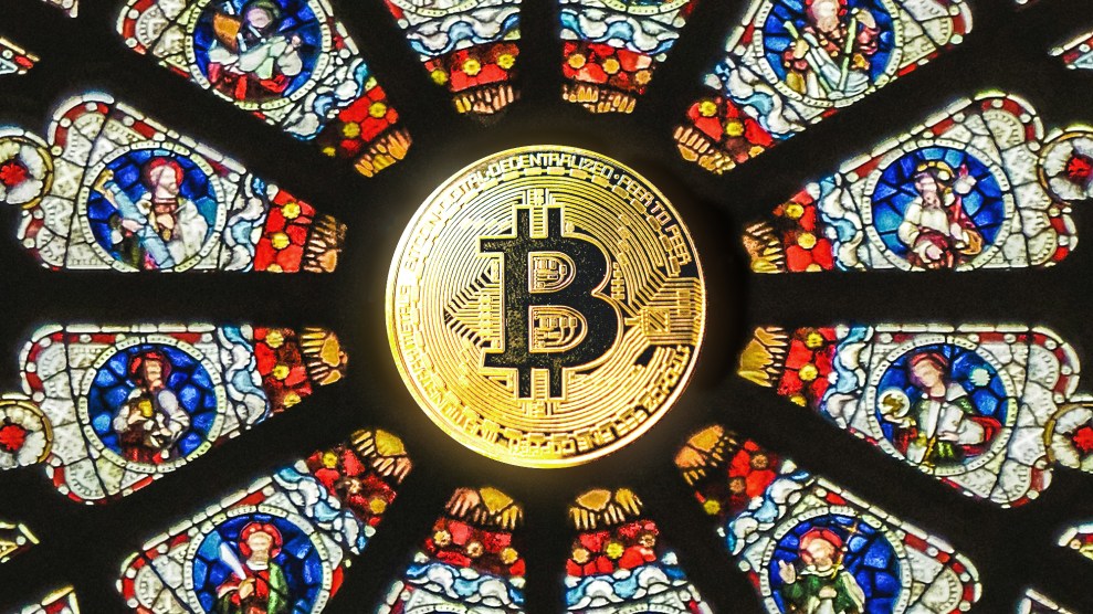 Cathedral rose window depicting religious scenes, with a large golden bitcoin in the center.