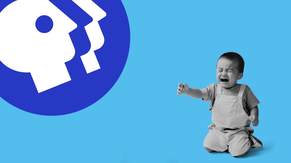 A photo illustration of the PBS logo next to a crying baby. The PBS logo, a white outline of a person's head with smaller profiles emanating from it, is on a blue circle in the upper left. To its right, a baby with Asian features cries, eyes squeezed shut, mouth open wide, with an arm reaching for the logo.