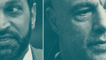 A photo pairing of tightly cropped photos of the faces of Kash Patel and Joe Rogan. On the left side of the image is the left half of Patel's face. He has a slight grimace and wears a thin beard. On the right, we see the right side of Rogan's faintly stubbled face. He looks pensive and is seemingly staring into the distance.