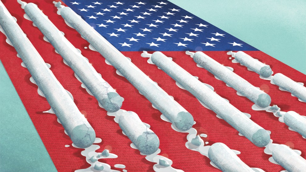 An illustration of an American flag in which the white stripes are melting cylinders of ice.