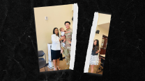 Illustration, set to a black backdrop, of a photo torn in half. On the left stands an older woman and a uniformed Army sergeant holding his infant, and on the right side of the tear is a younger woman.
