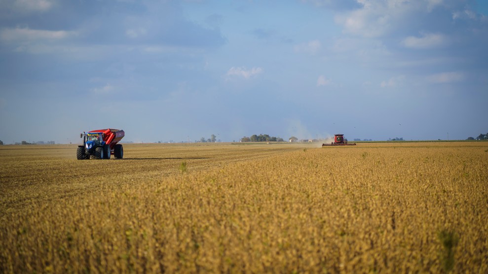 A tractor drives through a golden field.