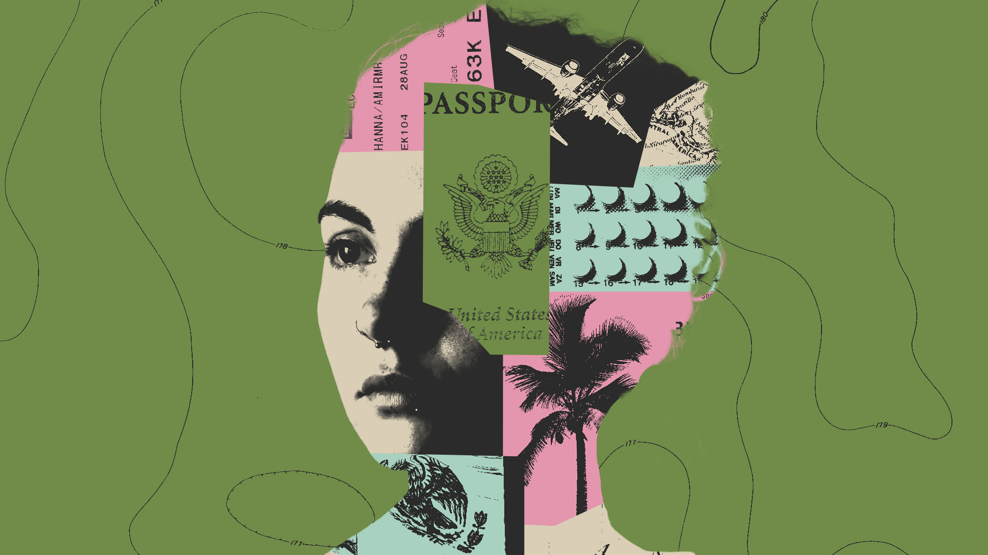 Collage of a young woman; layered in her silhouette is a boarding pass, a passport, customs and immigration stamps, a palm tree, medication, a map, and a Mexican flag.