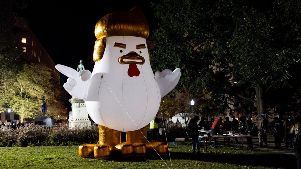 A large Trump chicken balloon.