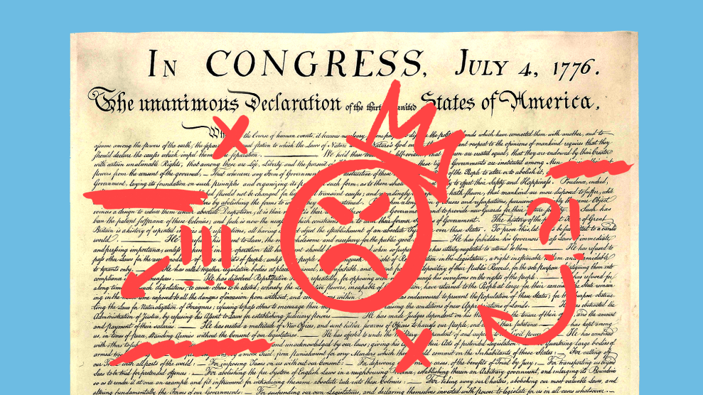 The Declaration of Independence against a light blue background. There are numerous red scribbles and edits on the document. At the center is a hand-drawn angry face with a crown on the head.