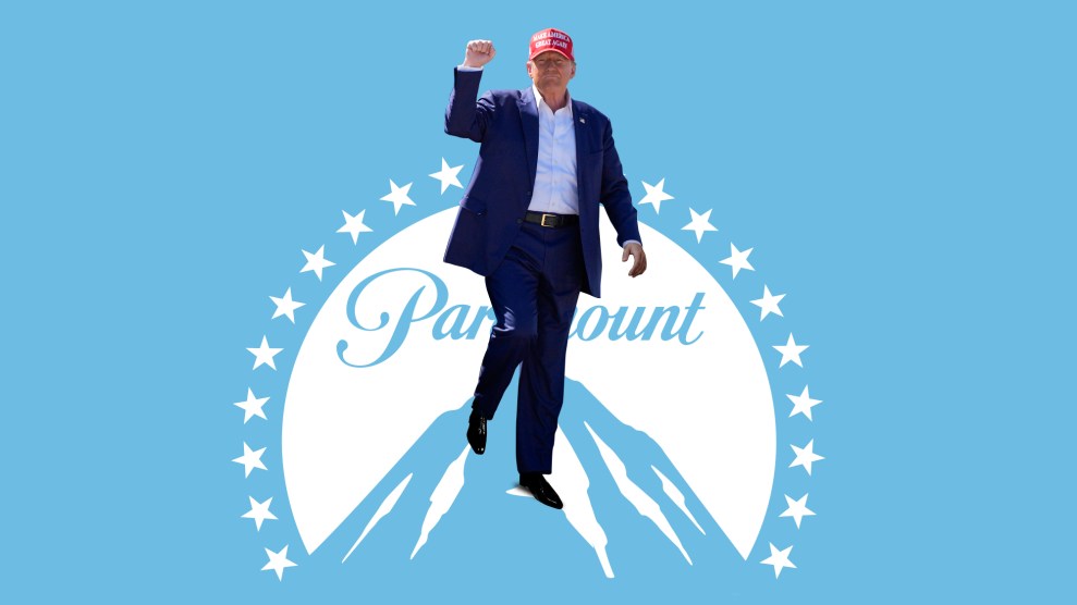 Photo illustration of Donald Trump wearing a MAGA hat with his fist raised, standing atop the mountain in the Paramount Pictures logo