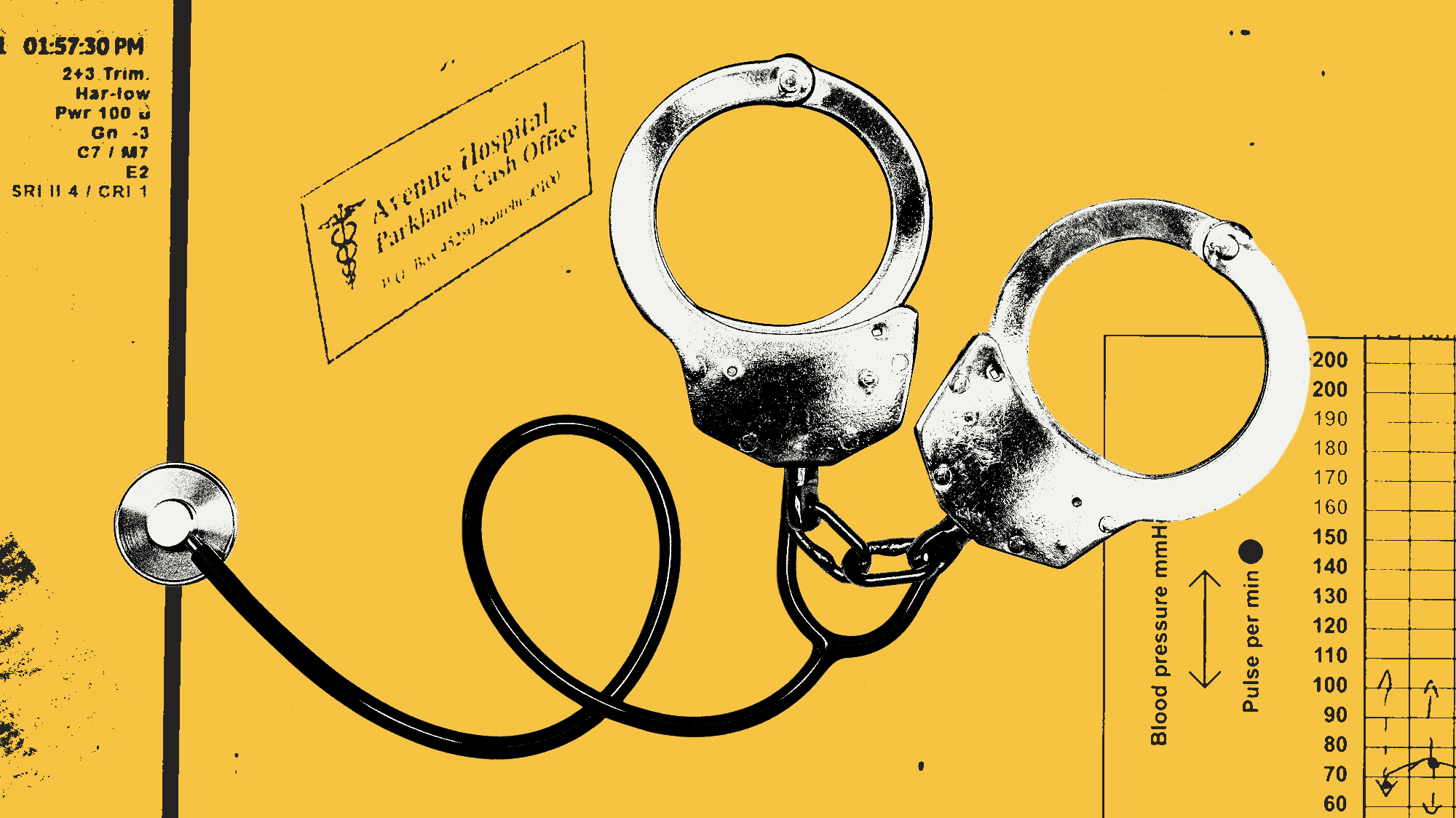 Photo illustration with a yellow background of a stethoscope that turns into handcuffs where a doctor would usually listen to one's heartbeat and lungs. In the background are details from medical files and a logo for Avenue Hospital Parklands' financial office.