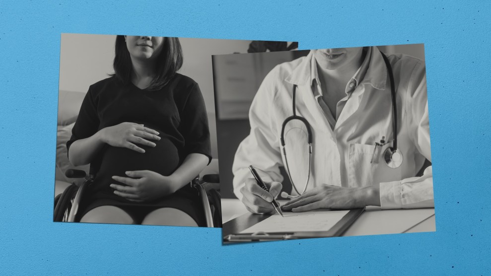 A collage of two black and white photos, one of a doctor taking notes and one of a pregnant person in a wheelchair, with a blue background.