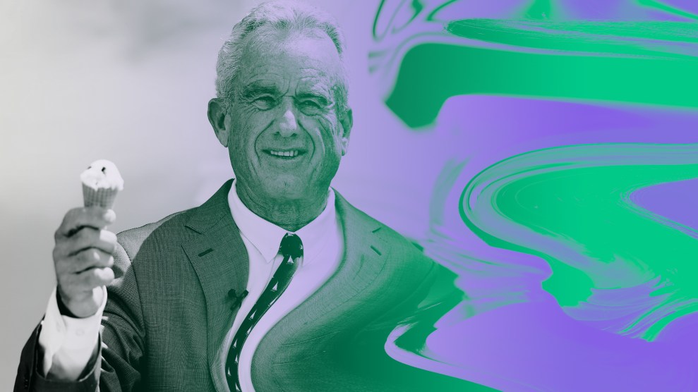 Photo illustration of Robert F. Kennedy Jr. holding up an ice cream cone— the right side of the photo is distorted and warped and colored in purple and green.