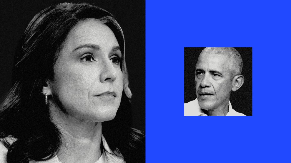Photo collage featuring Tulsi Gabbard with a stern expression on the left, facing a small cropped photo of Barack Obama looking back in her direction on the right.