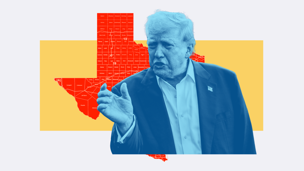 A collage of Donald Trump overlaying the all-red congressional map of Texas. Trump, in white shirt and jacket, is speaking, as he holds his right hand in a squeezing position.