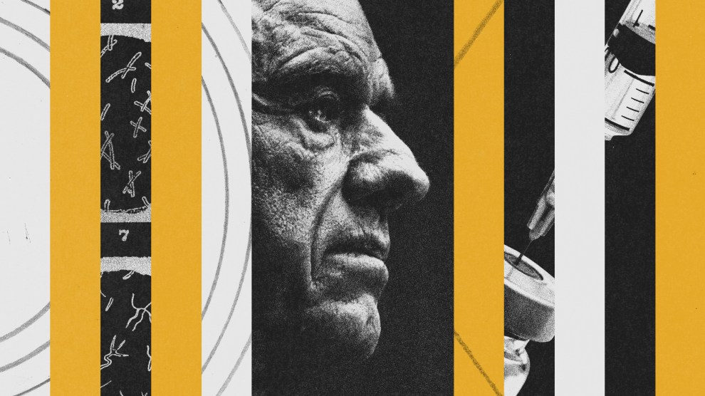 Photo illustration featuring profile shot of Robert F. Kennedy Jr. and a needle being injected into a syringe.