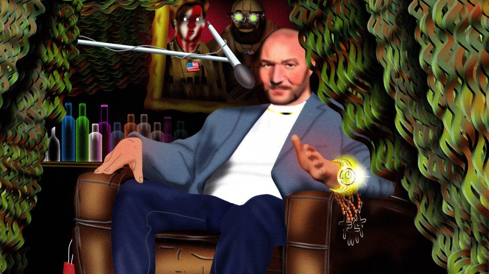 A photo illustration of a man in a blazer sitting across from a muscled man. Tears appear to fly from the muscled man.