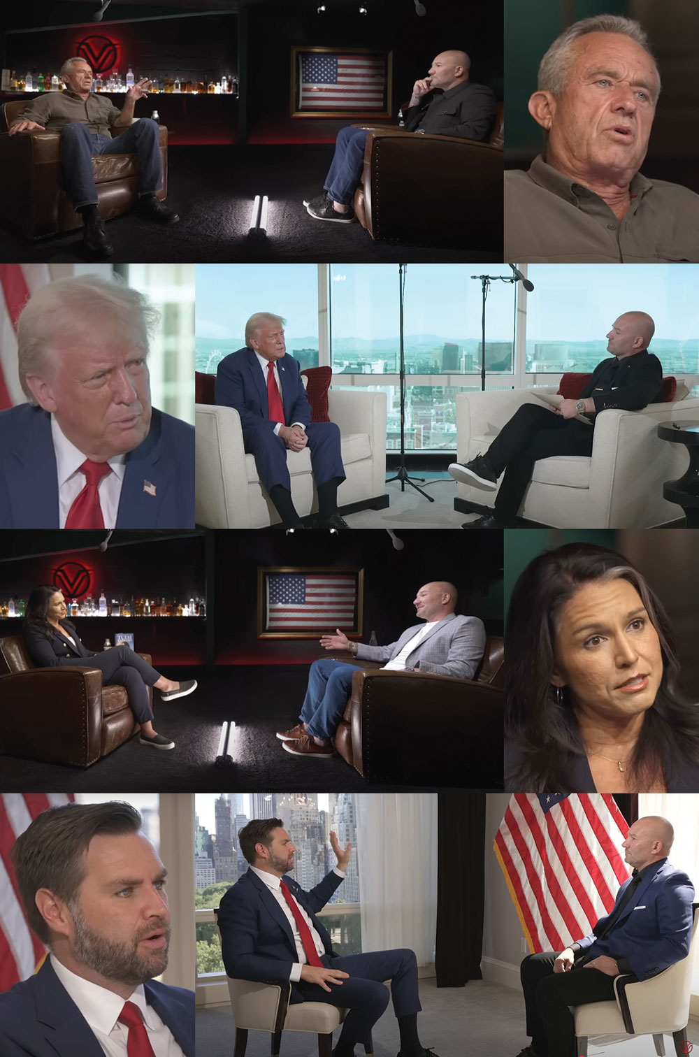 A photo collage of video snippets of Shawn Ryan sitting across from and interviwing RFK Jr., Donald Trump, Tulsi Gabbard and JD Vance.