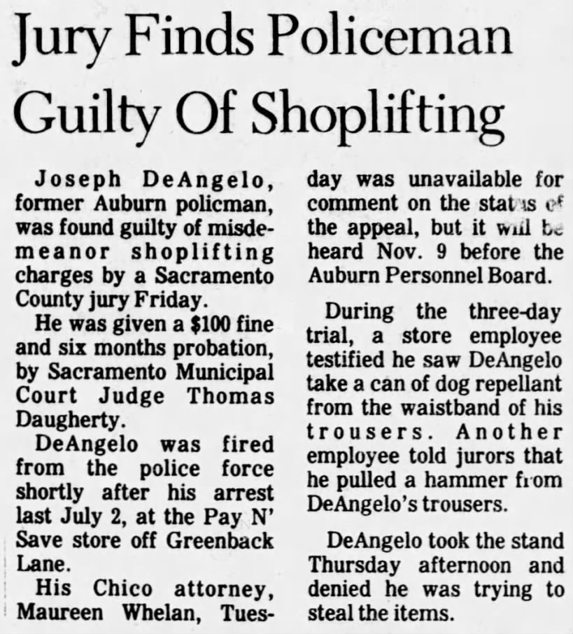 A newspaper clipping with the headline, "Jury Finds Policeman Guilty of Shoplifting."