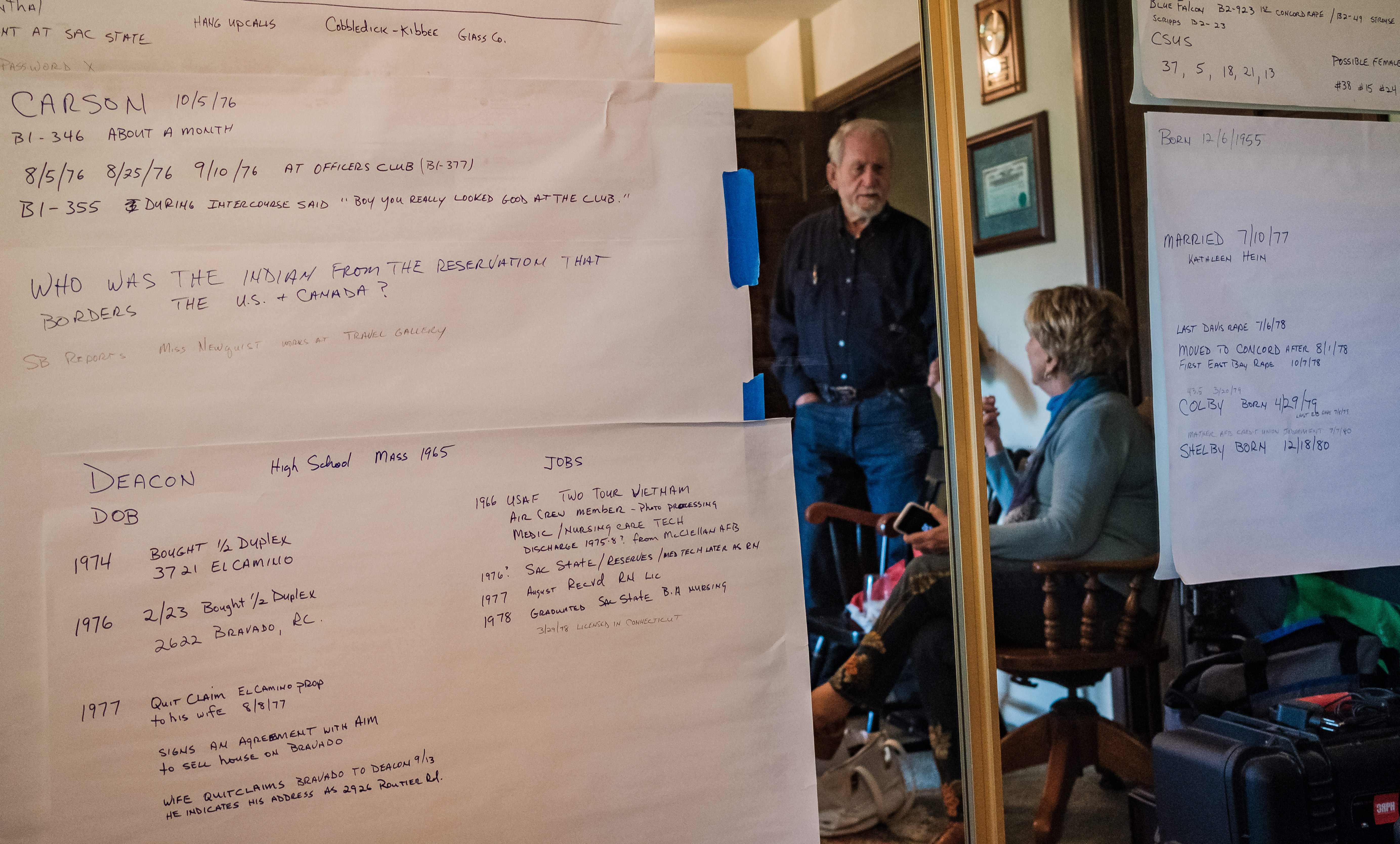 Two people seen reflected in a mirror. Most of the mirror's surface is covered with papers containing handwritten notes with timelines and biographical information.