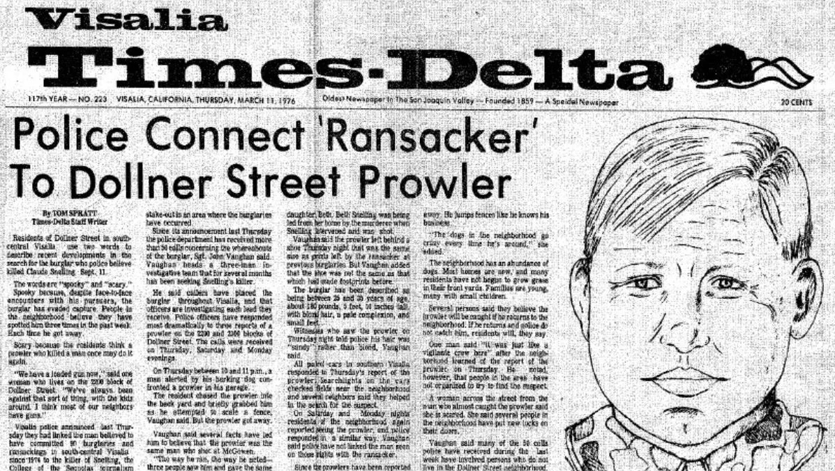 Front page of the Visalia Times-Delta from March 11, 1976, with headline, "Police Connect 'Ransacker' to Dollner Street Prowler." The front page also includes a line sketch of a male suspect.