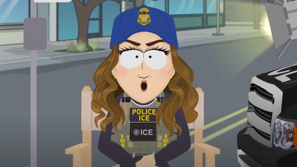 A cartoon version of DHS secretary Kristi Noem sitting a director's chair wearing an ICE uniform