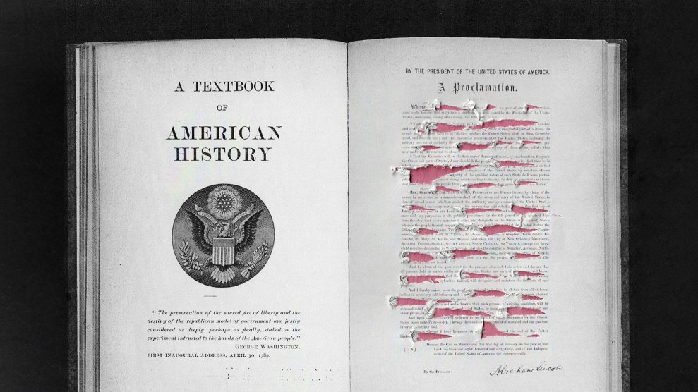 An open history book with multiple sections of the right-hand page scratched out.