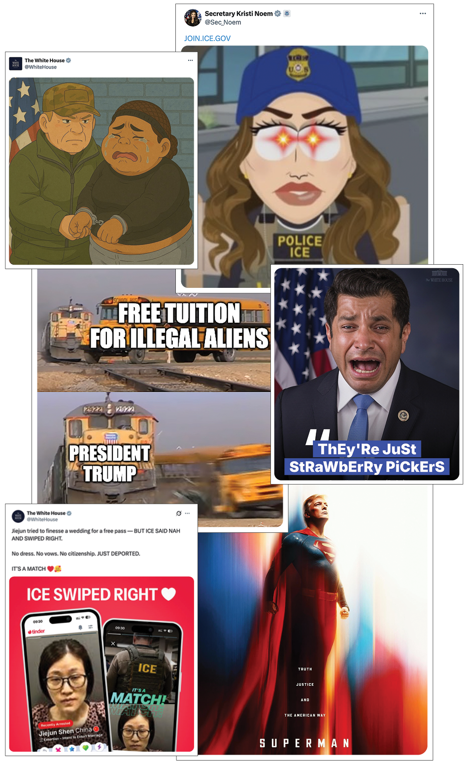 A collage of official White House social media posts, which include a cartoon of a woman's arrest in which she appears to be weeping; a South Park cartoon of Kristi Noem, with laser-esque eyes, wearing ICE gear; and a post in which ICE proclaims to have 'swiped right,' as if on a dating app, on a detainee they. have in custody.