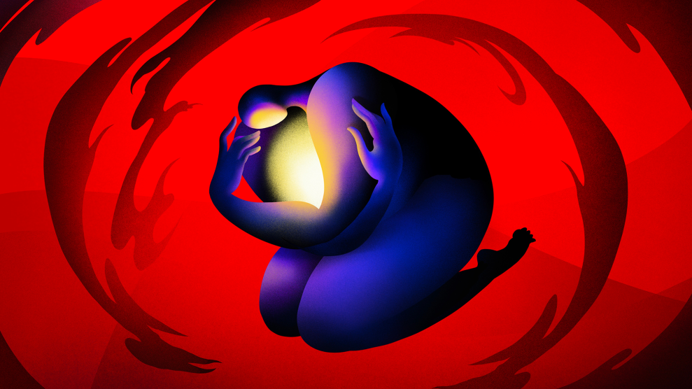 Illustration of a purple figure shielding their inner light from a red storm.