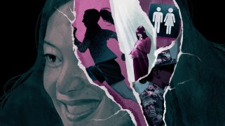 Illustrated portrait of a smiling woman with dark hair on a dark background. Her image is torn away like paper to reveal the silhouette of a woman in athletic gear running, a pregnant woman cradling her belly, a female soldier in uniform, and a unisex bathroom sign.