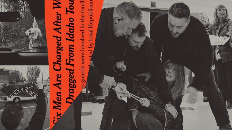 Black and white collage featuring a photo of a hooded KKK member with a gun at a compound and a white man waving a Confederate flag at a rally on the left. On the right is a woman being held on the ground by three men; a newspaper clipping from the New York Times separates the images.