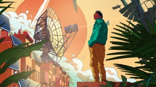 Illustration of a figure standing among plants next to row of buildings covered in solar panels with a futuristic satellite dish mounted on the roof. A huge orange sun looms in the distance.