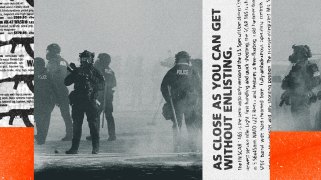 Collage featuring several figures in tactical police gear with "POLICE" patches, gas masks, and helmets standing in a hazy or smoky environment. To the left, a vertical strip shows high-contrast silhouettes of rifles alongside newspaper-style text about semi-auto firearms. On the right, a vertical white banner contains the bold text: "AS CLOSE AS YOU CAN GET WITHOUT ENLISTING," followed by smaller technical text describing a rifle. The image is framed by bright orange rectangular blocks in the bottom corners