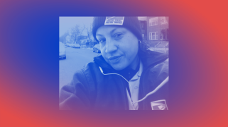 A photo collage in blue and red centering a Native American woman in a beanie and winter jacket, both with a logo of an eagle with the words "United States Postal Service" below it.