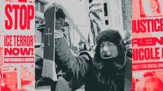 Collage featuring a man with a mustache in a winter coat raising a stole up with one hand, overlaid on a scene of anti-ICE protest signs.