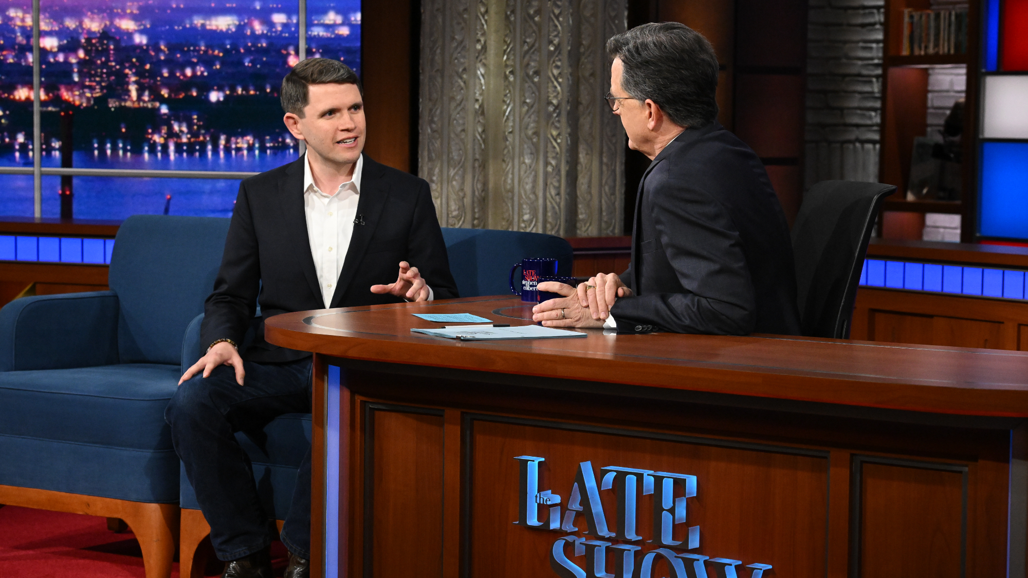 Rep. James Talarico and Stephen Colbert on the CBS series The Late Show with Stephen Colbert.