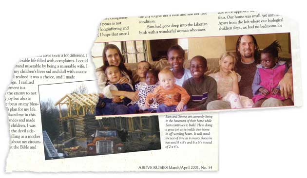 Torn out magazine pages with a photo of a house and a photo of kids
