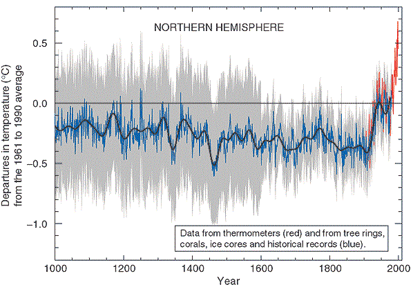The "Hockey Stick" as depicted by the Intergovernmental Panel on Climate Change in 2001. IPCC Third Assessment Report