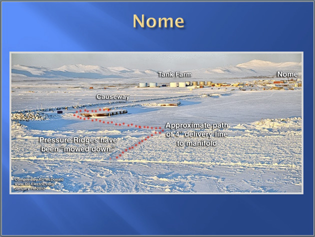 Nome, January 2012. The red dotted line shows where the fuel hose connecting T/V Renda to the town was laid. Image courtesy of the United States Coast Guard.