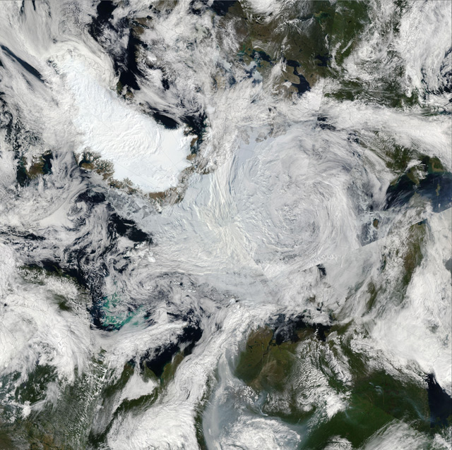 August's freak Arctic cyclone assisted in this year's record melt. NASA image by Jeff Schmaltz, LANCE/EOSDIS Rapid Response.
