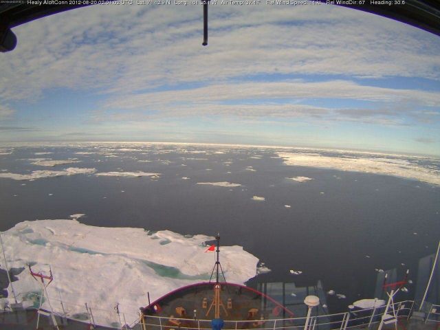 Scattered ice floes are seen from the bridge of the RV Healy on August 20, 2012 northwest of Barrow, Alaska: US Coast Guard
