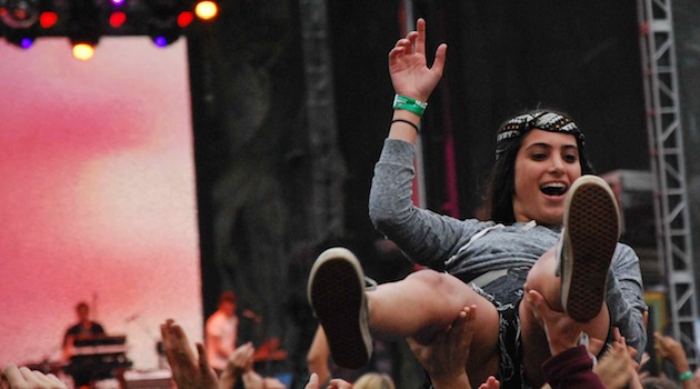 At the pinnacle of Outside Lands crowdsurfing. Deanna Pan/Mother Jones