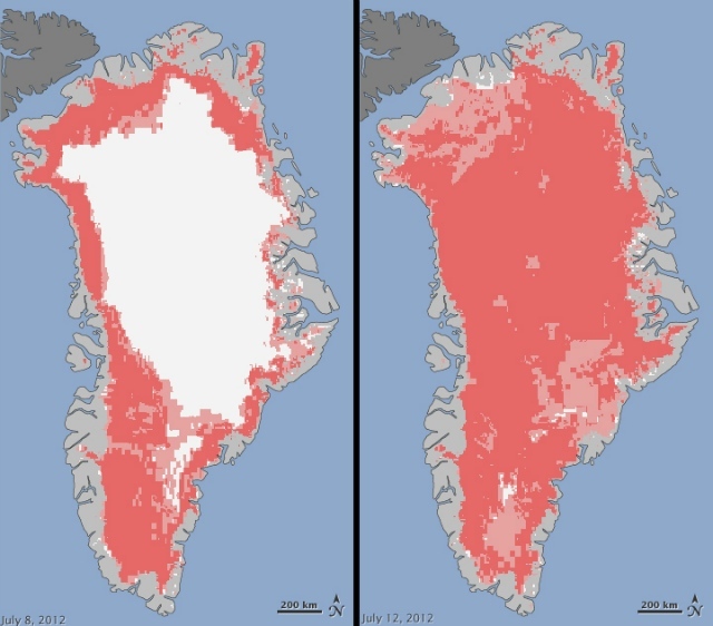 Extent of surface melt over Greenland's ice sheet on July 8, 2012 (left) and July 12, 2012 (right), melting shown in pink: Jesse Allen, NASA Earth Observatory and Nicolo E. DiGirolamo, SSAI and Cryospheric Sciences Laboratory