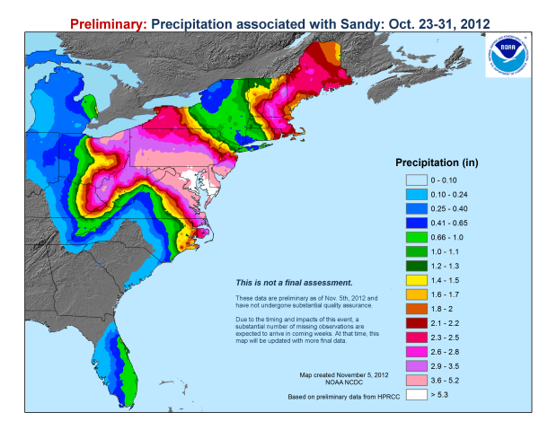 Precipitation associated with Sandy, 23-31 Oct 2012 (preliminary): NOAA National Climatic Data Center