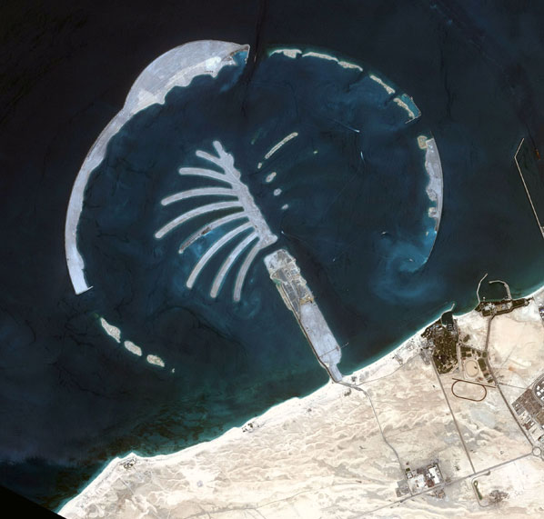 A satellite photo of 'Jebel Ali Palm Island,' the second Palm Island to be built off the coast of Dubai. Eventually, three palm-shaped artificial islands will be built in the Dubai area. The first one, 'Jumeira Palm' is almost completed.